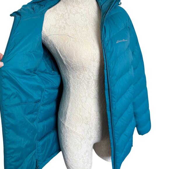 Eddie Bauer Teal Down Hooded Puffer Jacket Women’s Large 80/20 Packable Gorpcore - Picture 4 of 13